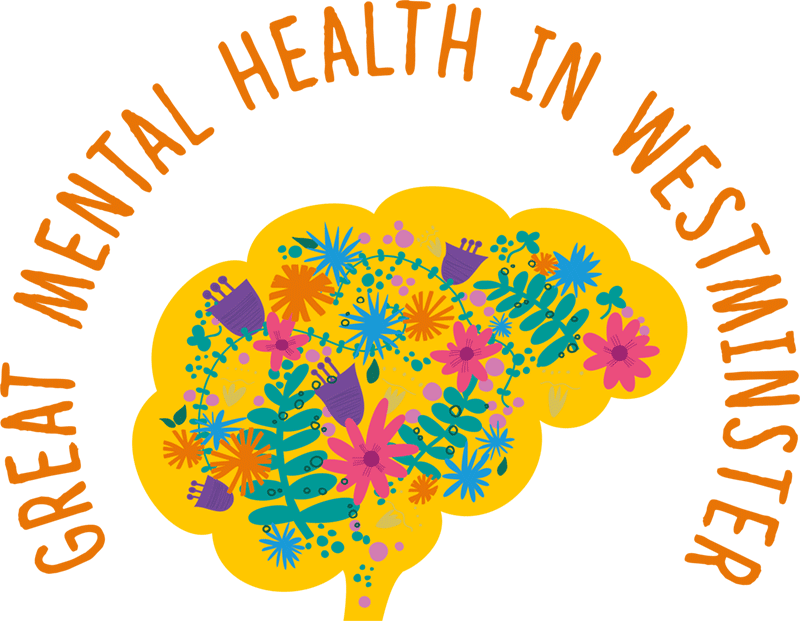 Illustrated image of a brain with a floral design, and the words Great Mental Health in Westminster
