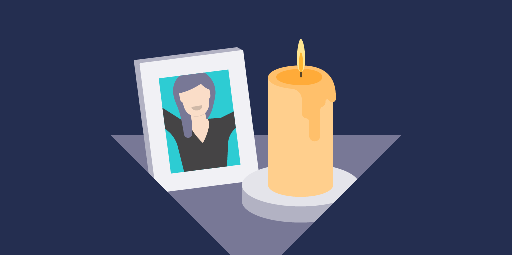 A graphic of a burning candle next to a small photo frame with a picture of a person in.