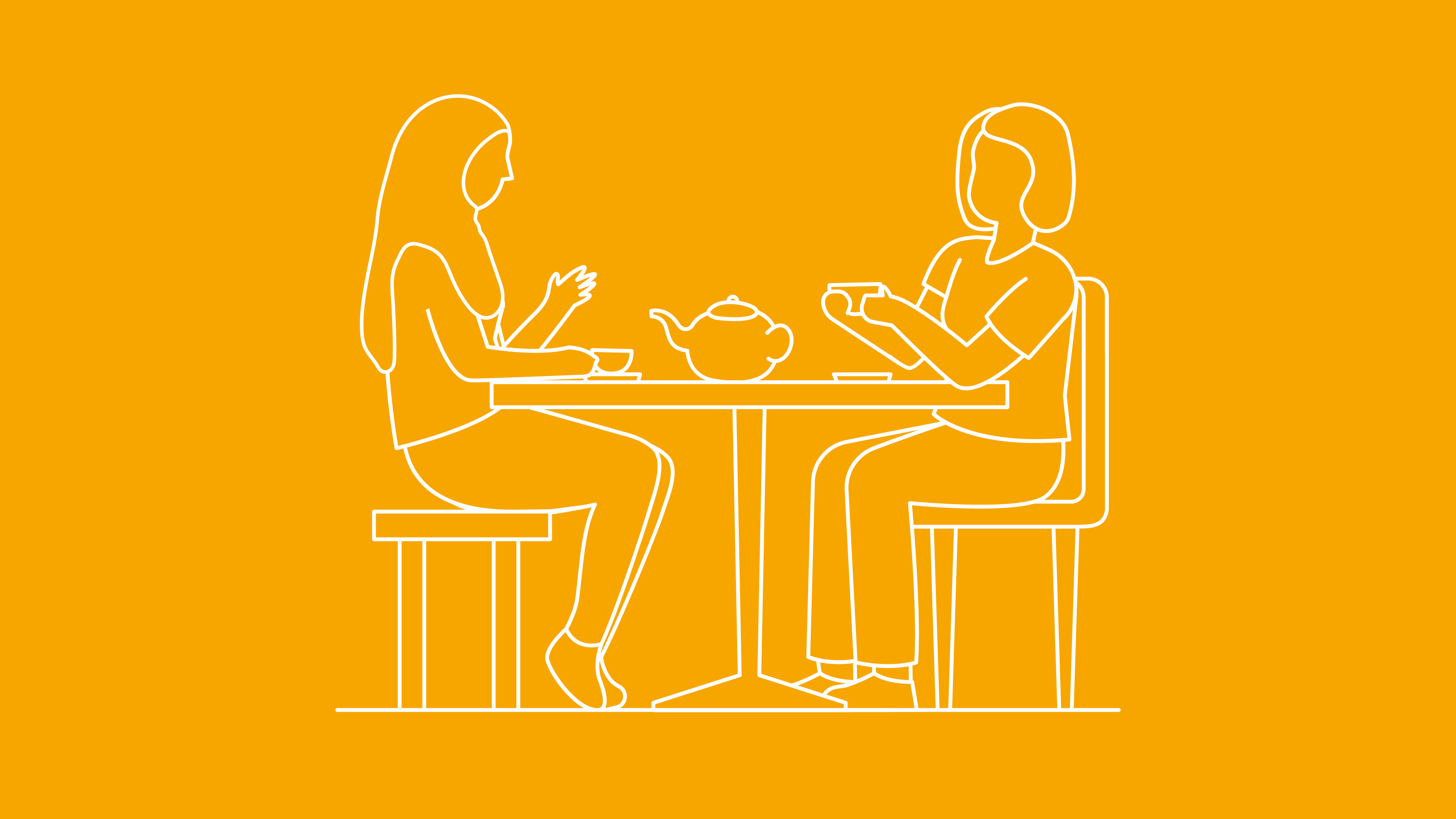An illustration of two women drinking tea at the table