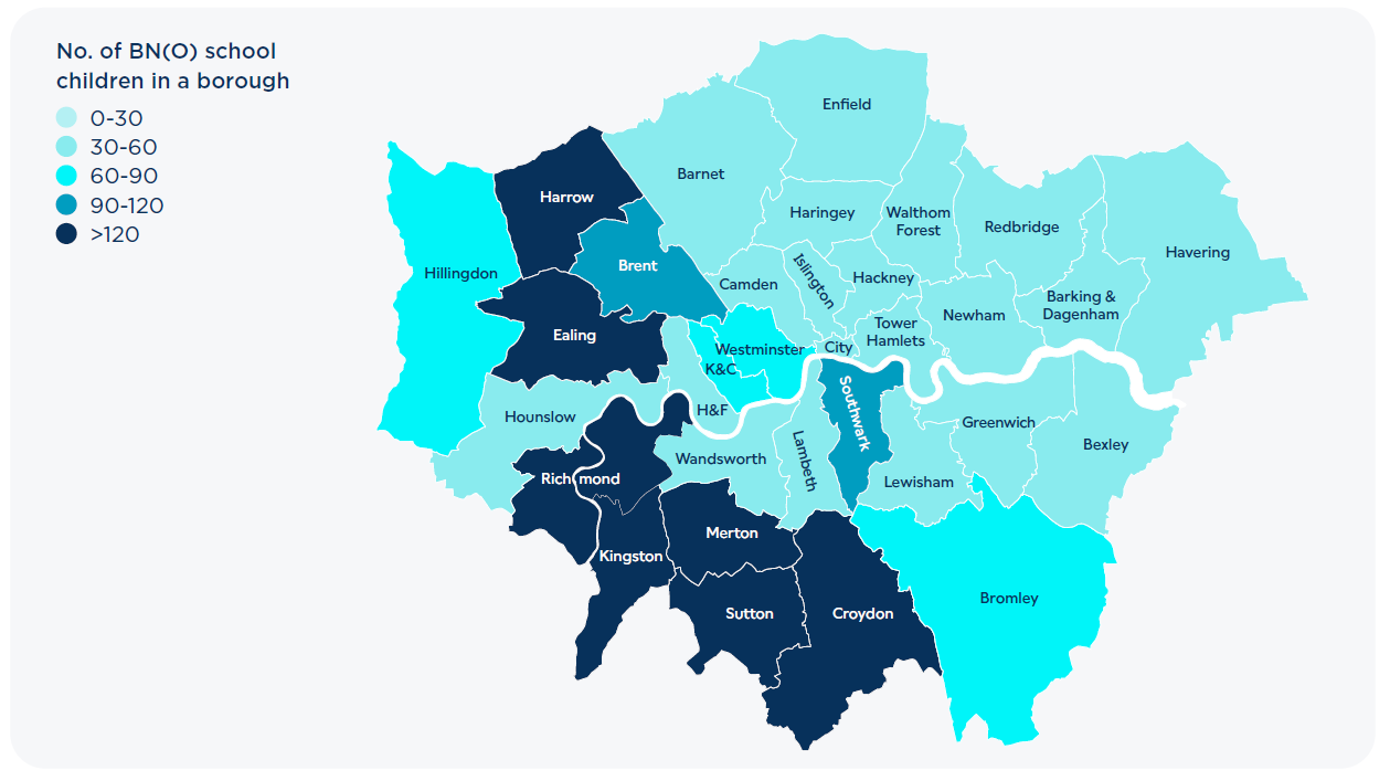 Figure 1: Estimation on the distribution of Hong Kong pupils across boroughs in the Greater London Authority region. The boroughs with the highest distribution include: Harrow, Ealing, Richmond, Kingston, Merton, Sutton, Croydon, Southwark and Brent.